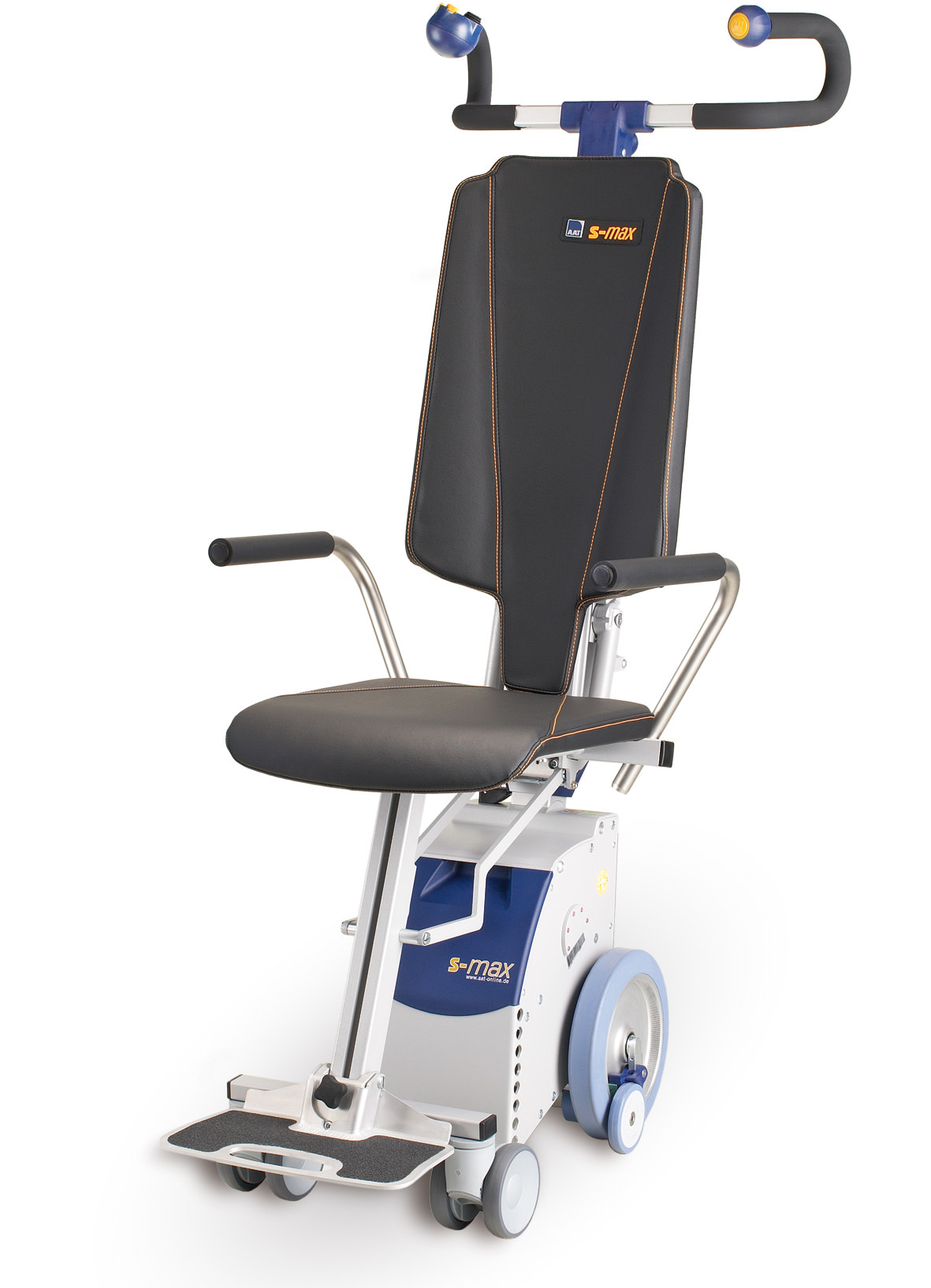 Das Bild zeigt die freigestellte Antriebs- und Griffeinheit des Treppensteiger s-max sella auf weißem Hintergrund. Sichtbar ist die graue Antriebseinheit mit Laufrädern und Sicherheitsbremsen, sowie die Griffeinheit mit Bedienteil. Am Treppensteiger befindet sich eine integrierte Sitzeinheit mit Sitzpolster, Rückenlehne und Armlehnen. 